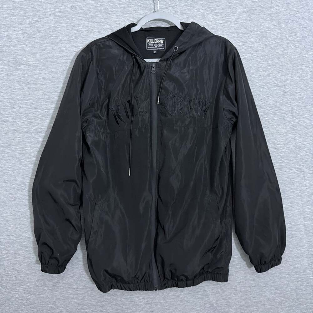 Kill Crew Men's Size Medium Black Full Zip Hooded Windbreaker Embroidered Text